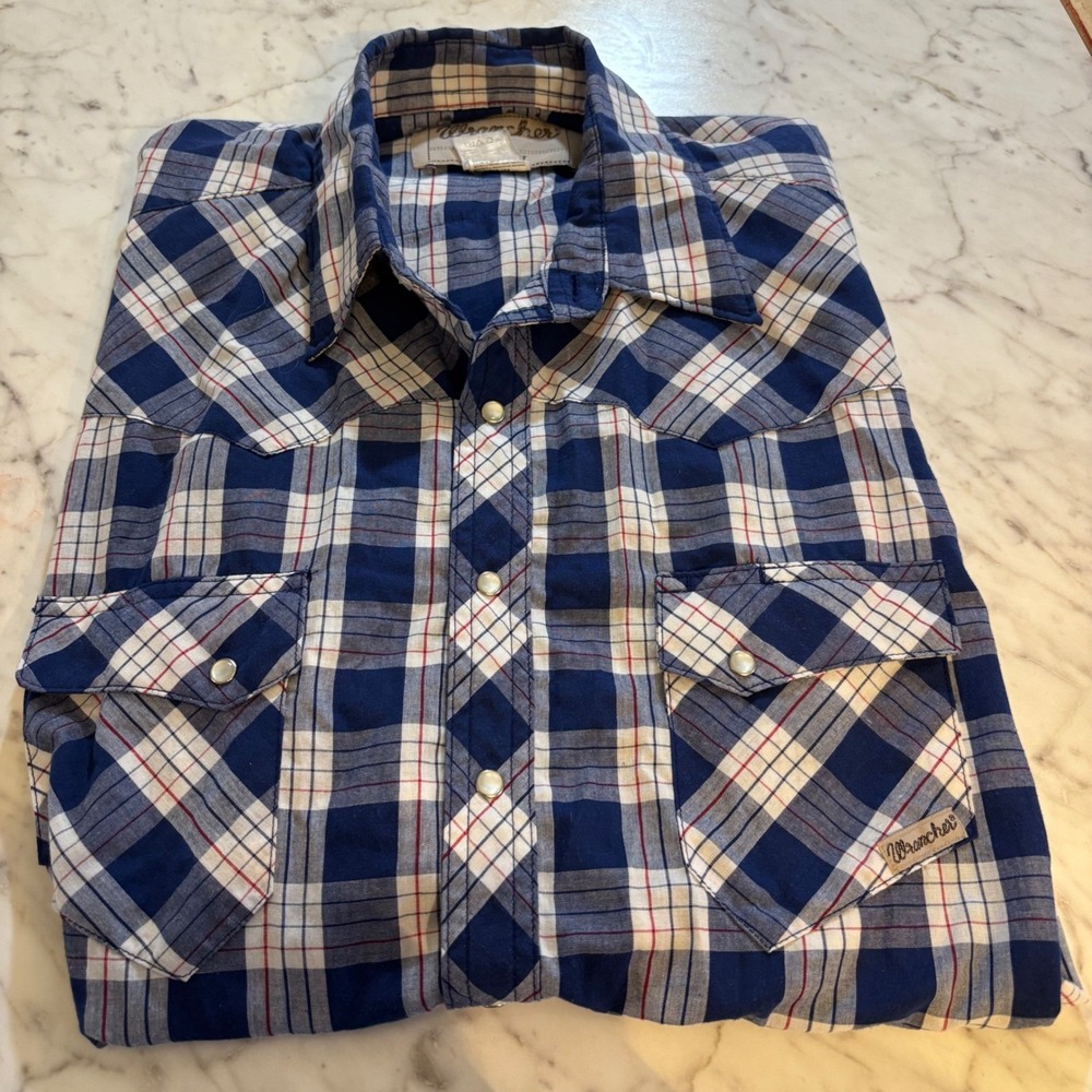 Wrancher by Wrangler‎ Mens XLT Blue Plaid Pearl Snap Western Shirt Short Sleeve
